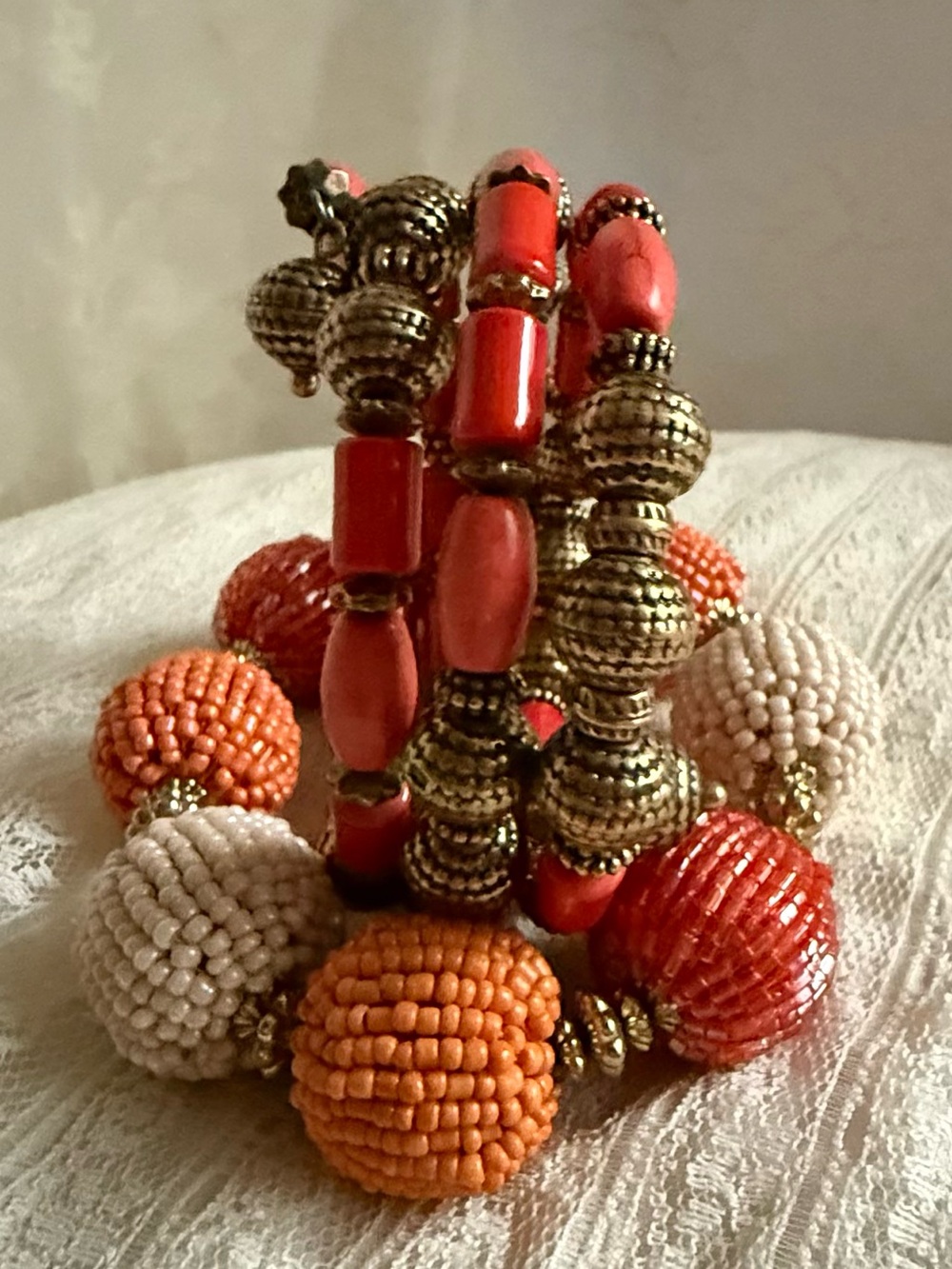 Autumn Boho Beaded Bracelet Duo Stack Red Orange Wrap Brass Look Bangle